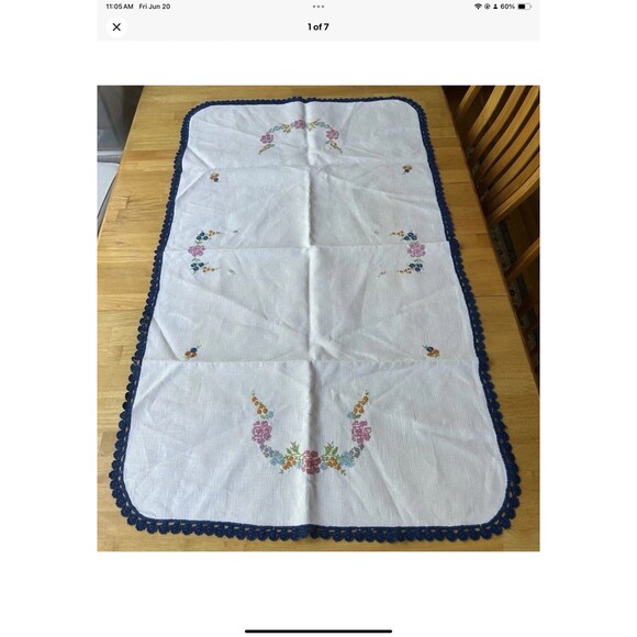 Table Runner/Tablecloth Floral Hand Embroidered Crocheted Edge 54”x31” New - Picture 1 of 7